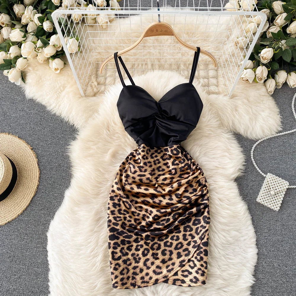 Spaghetti Strap High Waist Leopard Print Party Dress