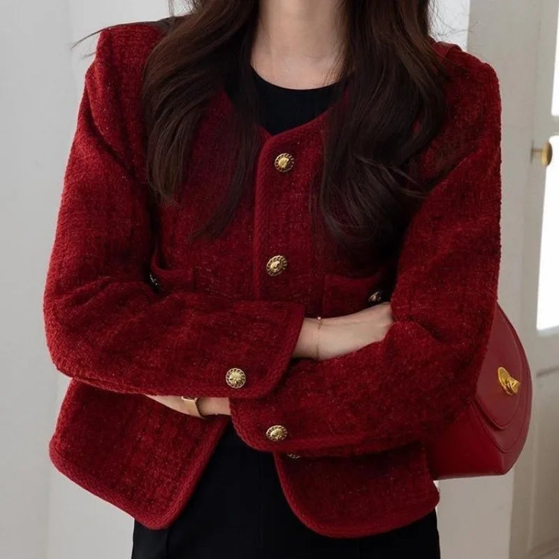 Cropped Tweed Blazer Office Ladies Outerwear