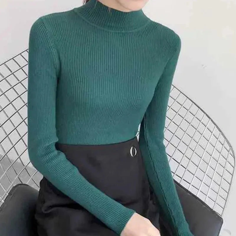 Mock Neck Women Sweater Solid Tops
