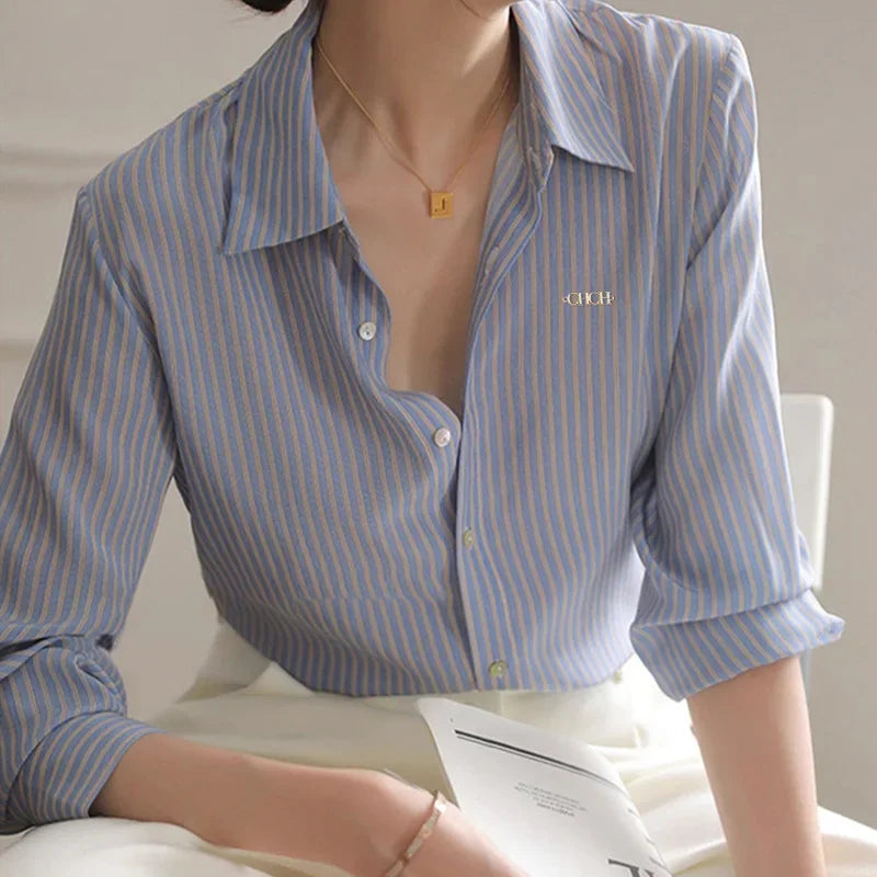 Elegant Stripe Blue Shirt Office Lady Fashion
