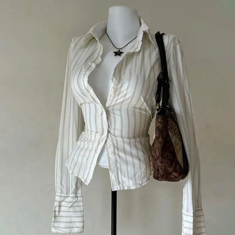 Stripes Slim Fit Shirt Women Short Sleeve Clothing