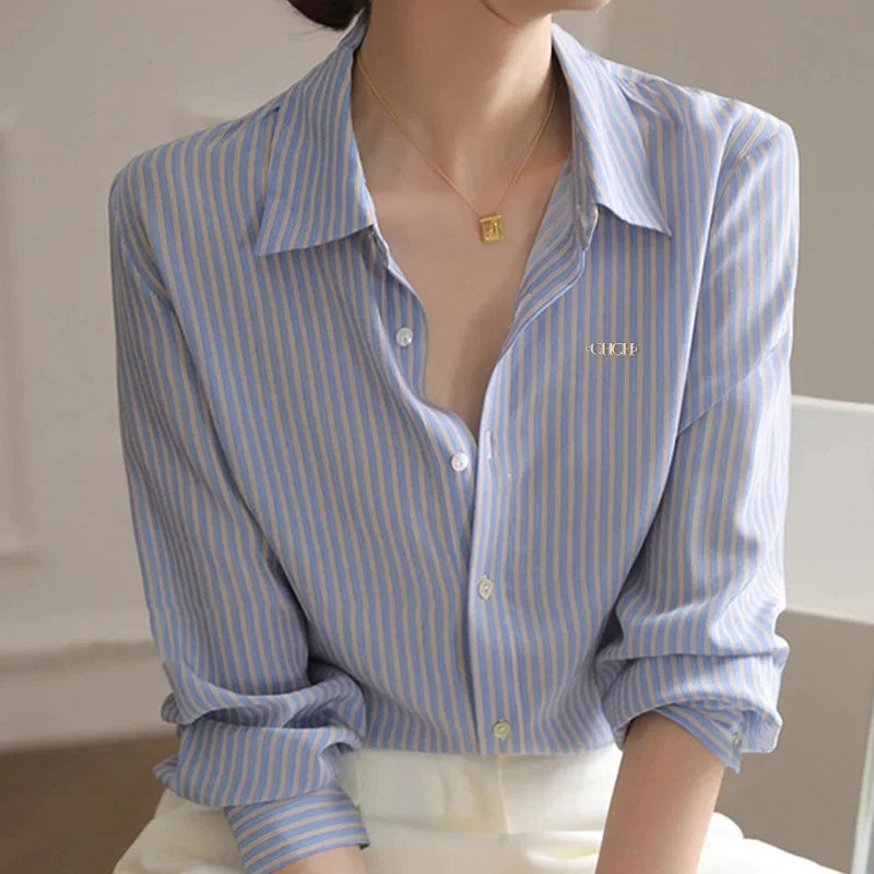 Elegant Stripe Blue Shirt Office Lady Fashion