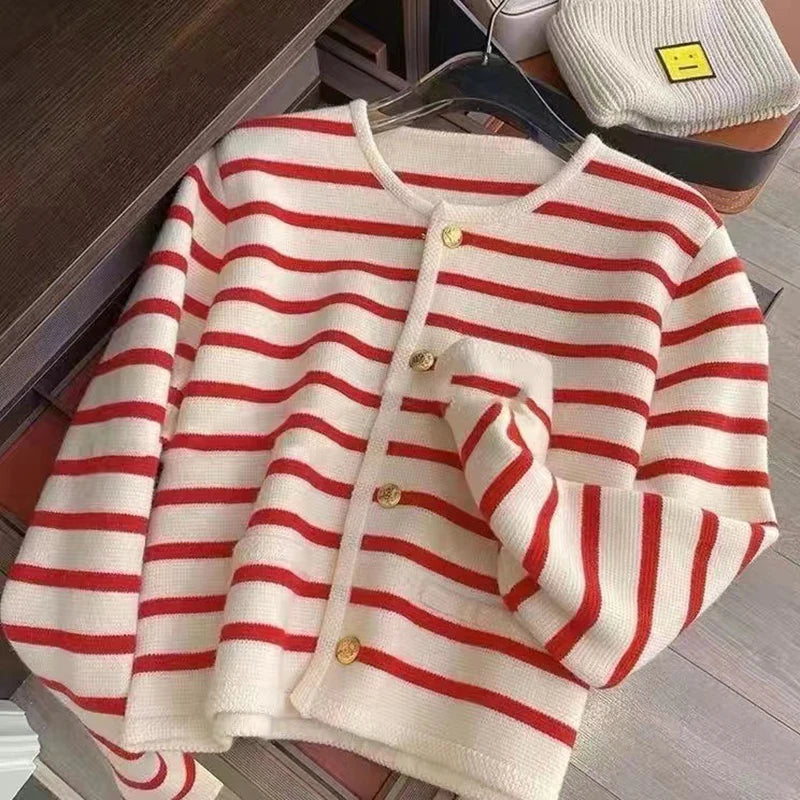 Winter Thick Stripe Knitted Cardigan O-neck Long Sleeve Crop Tops