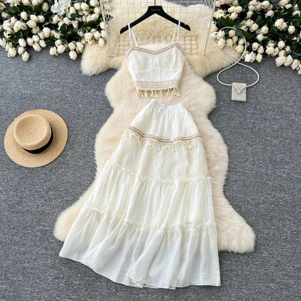 Chic Embroidered Tassel Two Pieces Sets Camis, A-line Skirt Women