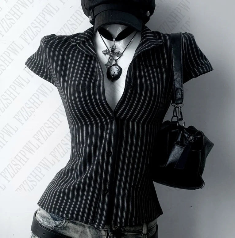 Stripes Slim Fit Shirt Women Short Sleeve Clothing