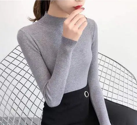 Mock Neck Women Sweater Solid Tops