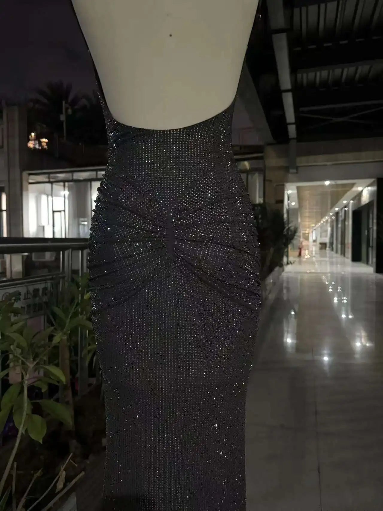 Fashion Gray Red Women's Slim Fit Backless Folds Split Floor-length Dress