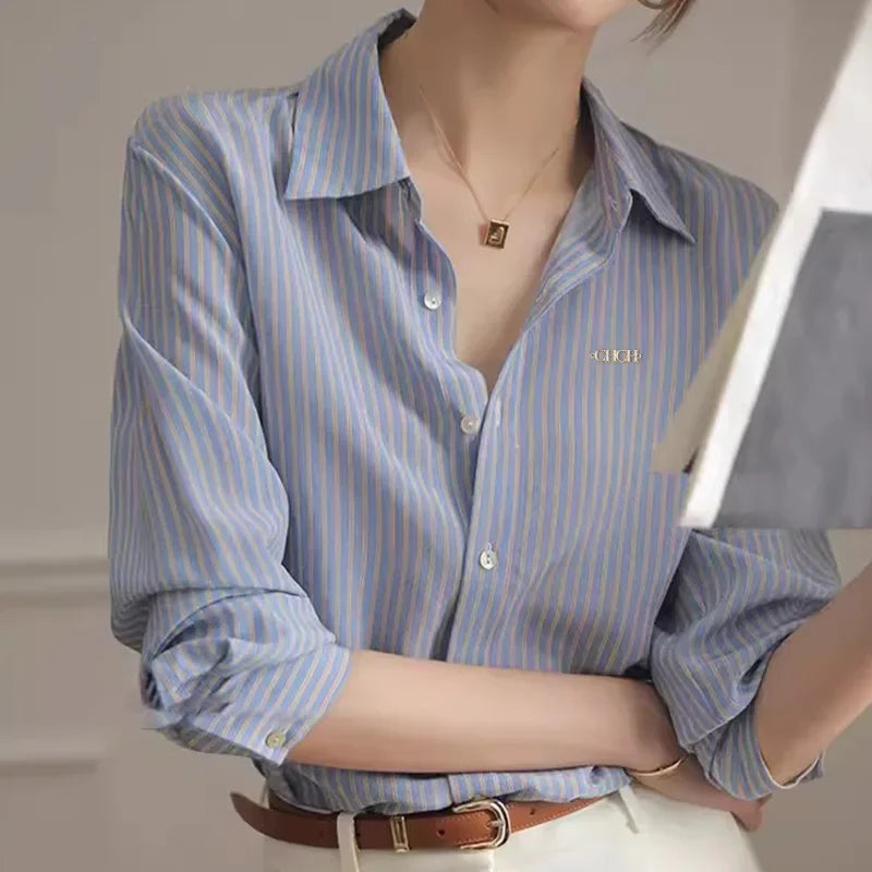 Elegant Stripe Blue Shirt Office Lady Fashion