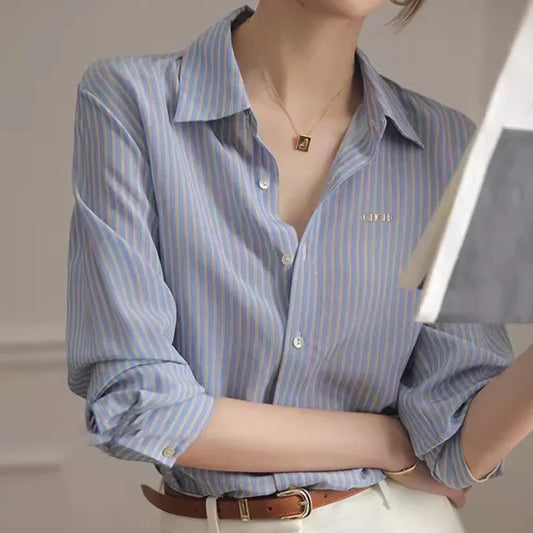 Elegant Stripe Blue Shirt Office Lady Fashion