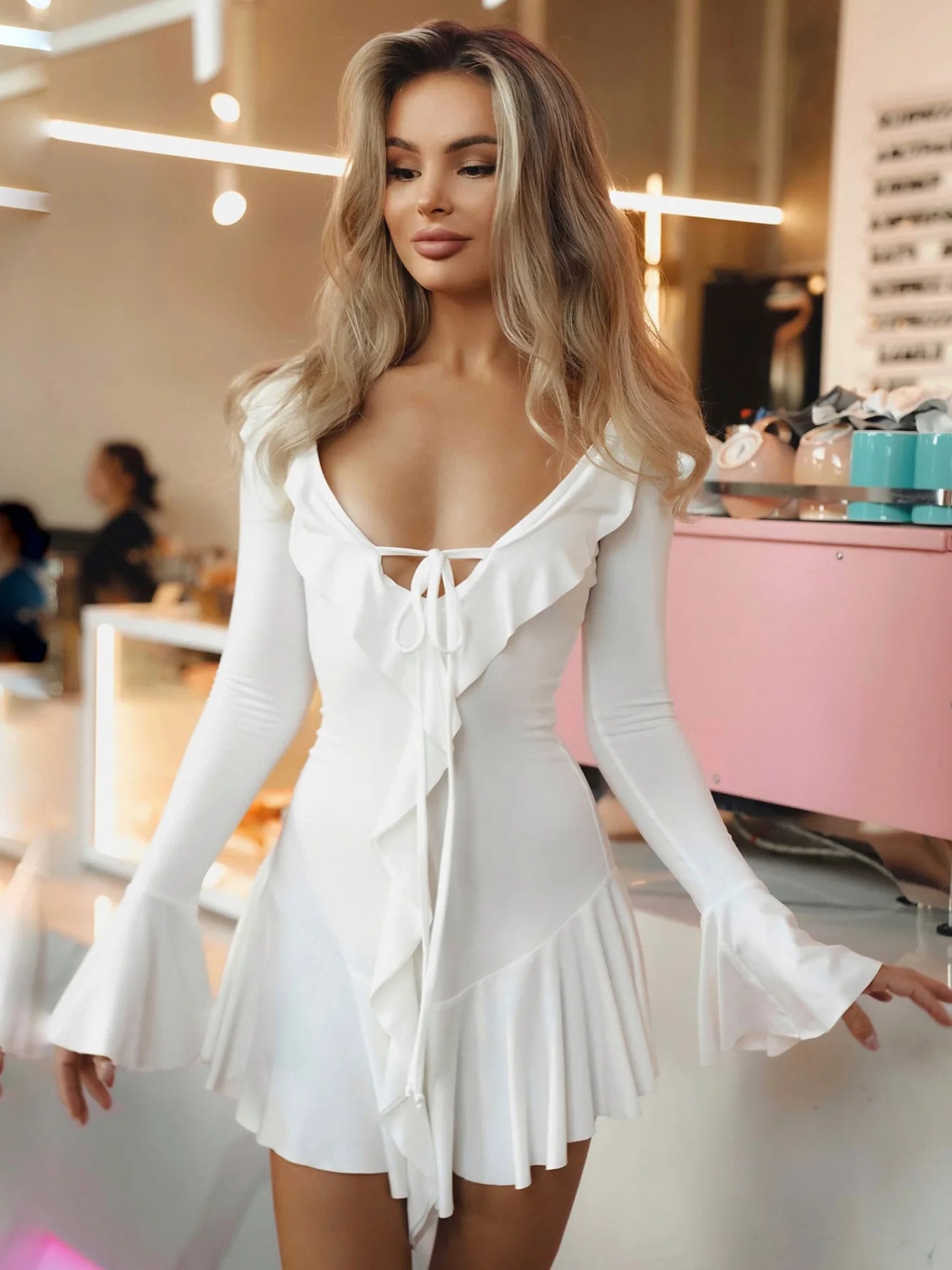 Women Sexy Long Flare Sleeve Lace-up Evening Mini Dresses