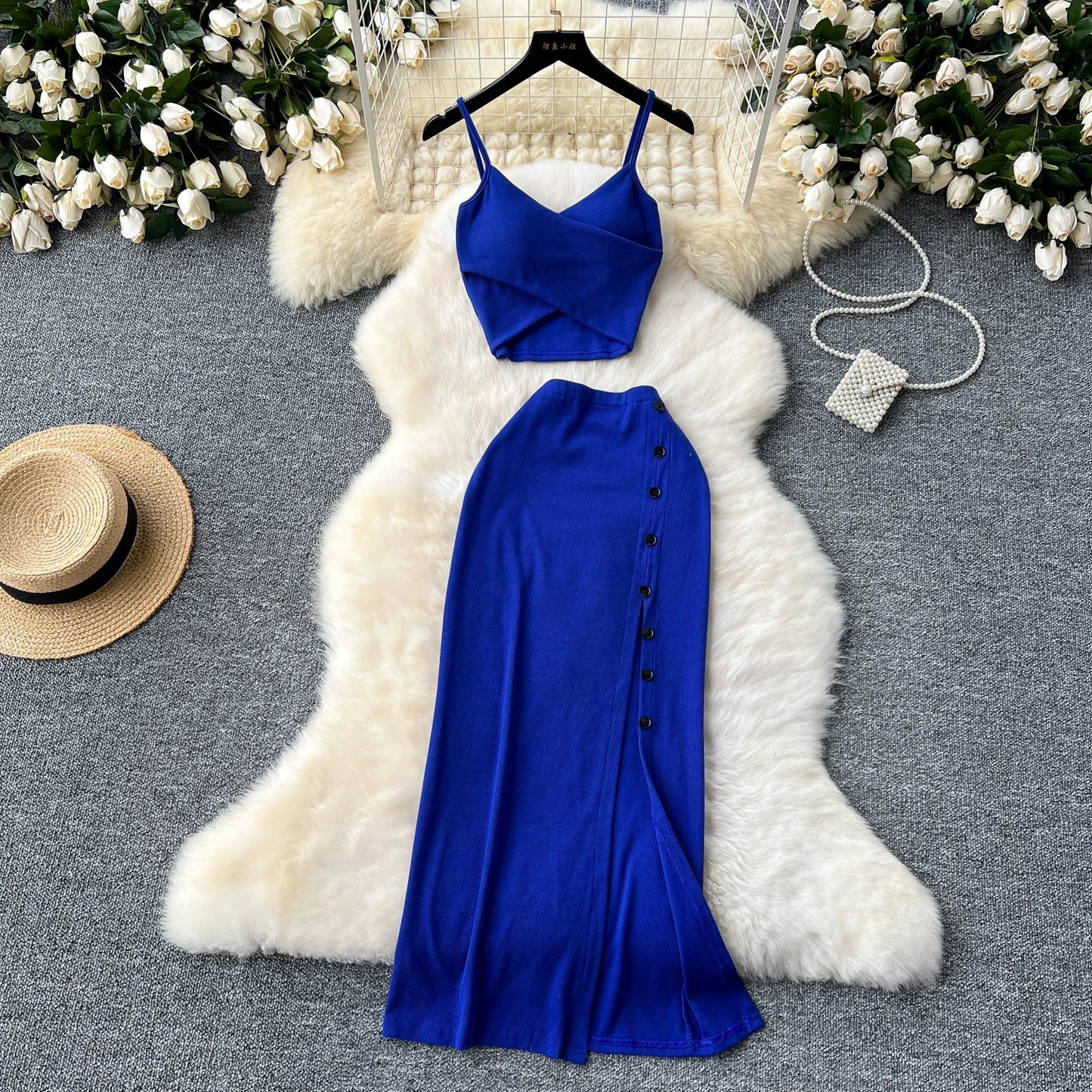 2 Pieces Set for Women V Neck Sleeveless Crop Camis Top and Long Skirt