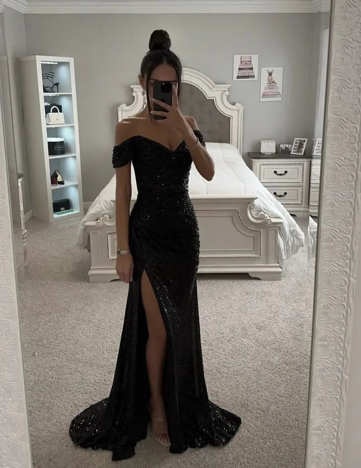 Women Elegant Off-Shoulder Sequin Split Prom Dresses