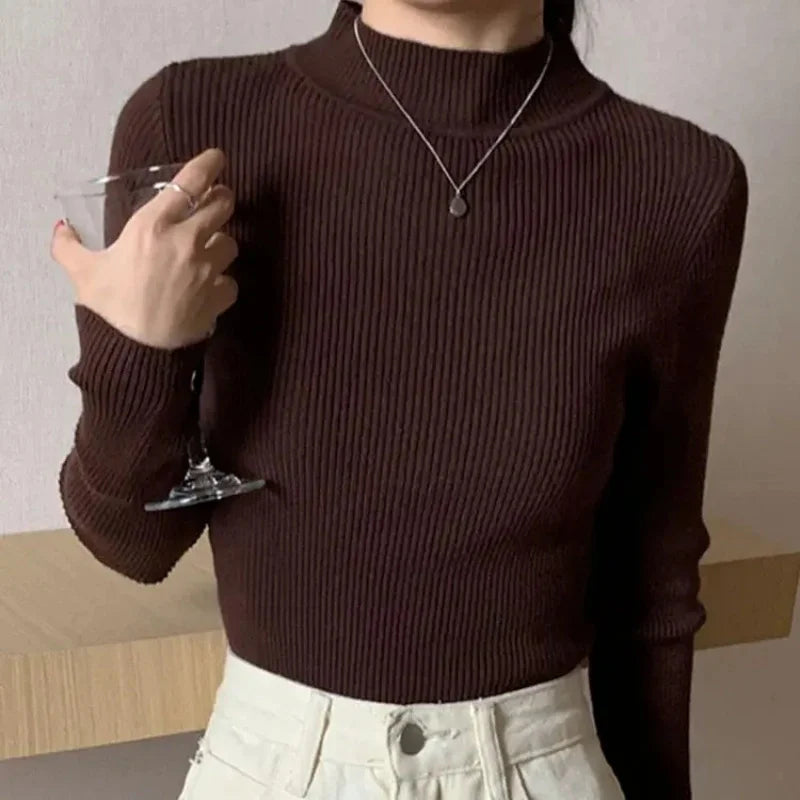 Mock Neck Women Sweater Solid Tops
