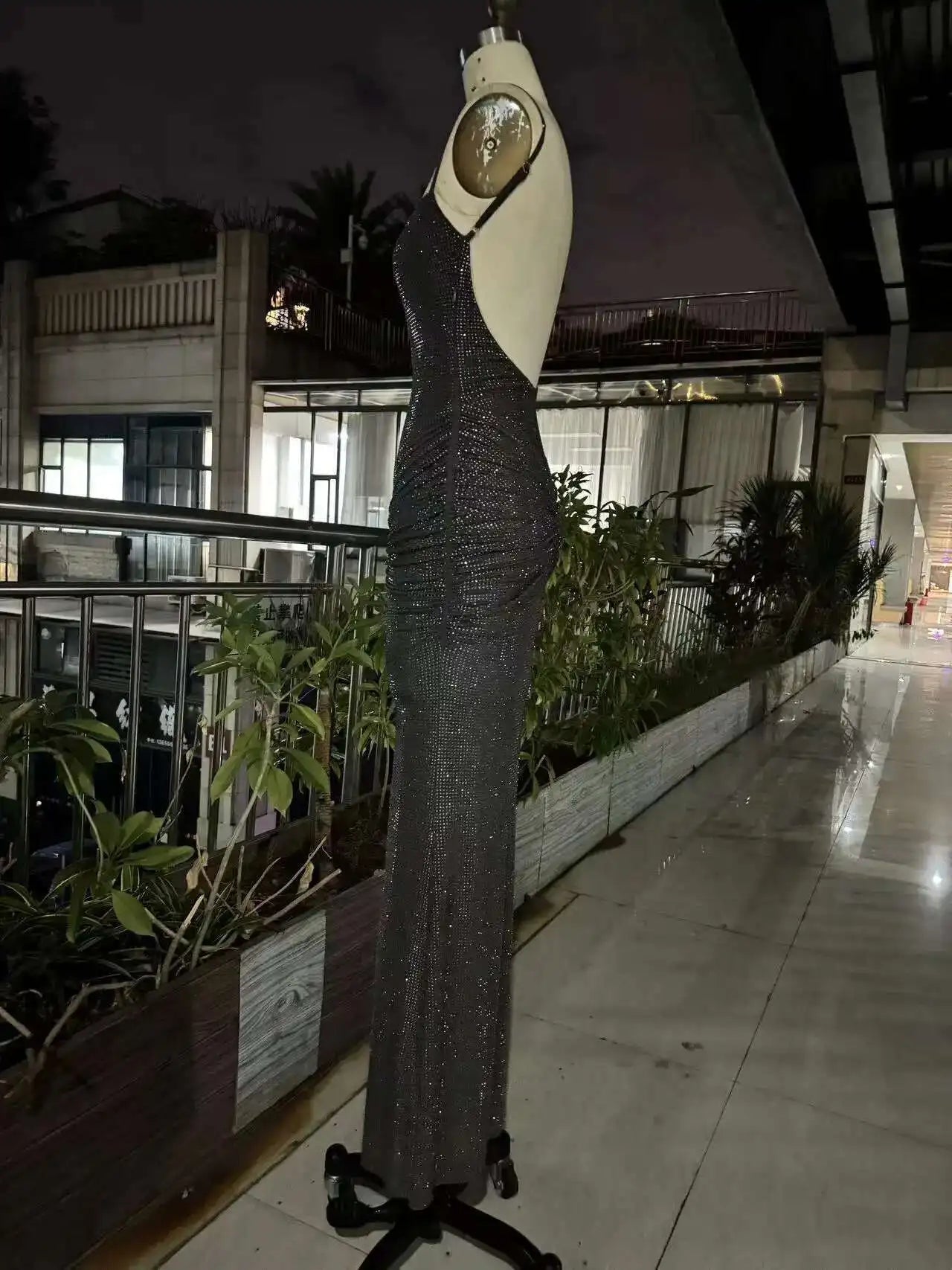 Fashion Gray Red Women's Slim Fit Backless Folds Split Floor-length Dress
