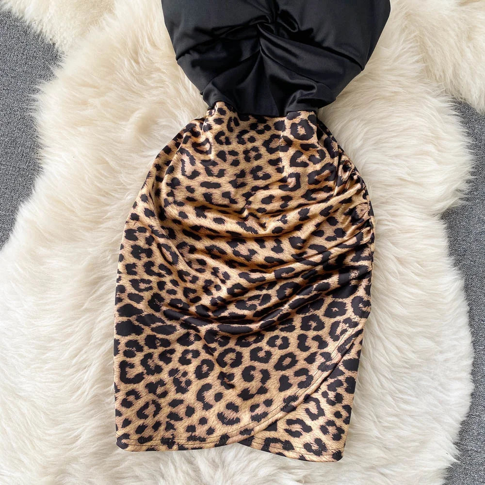 Spaghetti Strap High Waist Leopard Print Party Dress