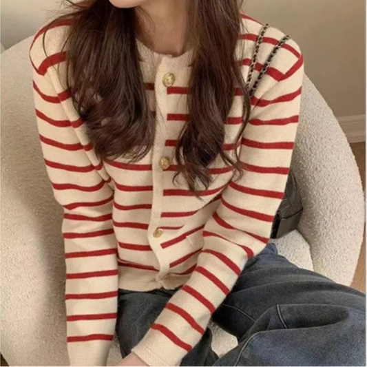 Winter Thick Stripe Knitted Cardigan O-neck Long Sleeve Crop Tops