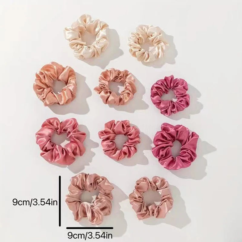 10pcs Women's Pink Satin Elegant Casual Large And Small Intestine Hair Circles Valentine's Day Gift