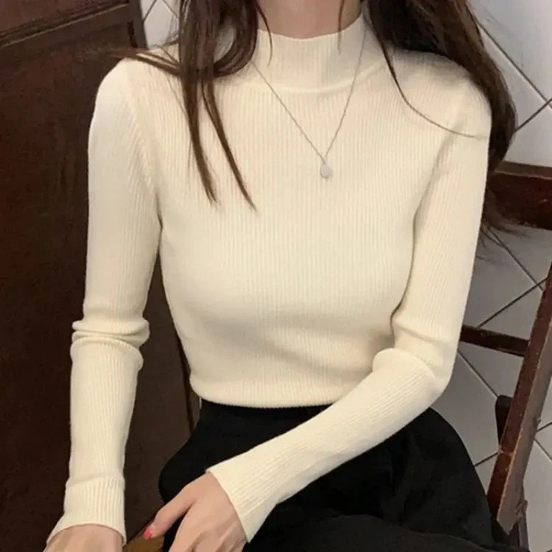 Mock Neck Women Sweater Solid Tops