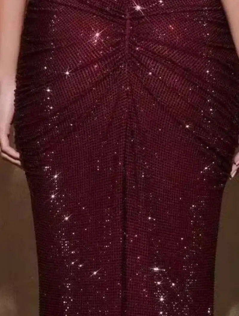 Fashion Gray Red Women's Slim Fit Backless Folds Split Floor-length Dress