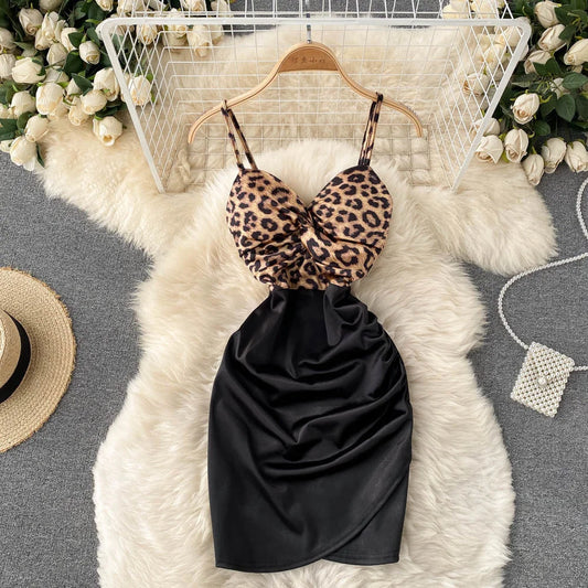 Spaghetti Strap High Waist Leopard Print Party Dress