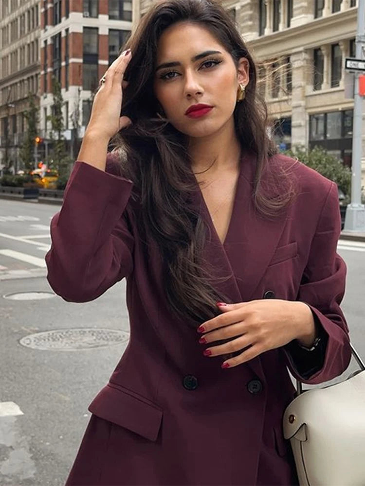 Fashion Lapel Jacket Long Pant Sets For Women New Double Breasted Blazer Wide Leg Pant 2 Piece Outfits Office Lady Chic Suits