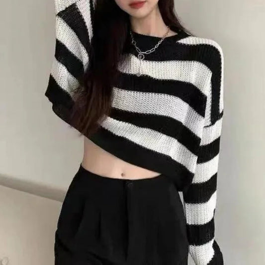 Women Winter Korean Style Striped Cropped Sweater Tops