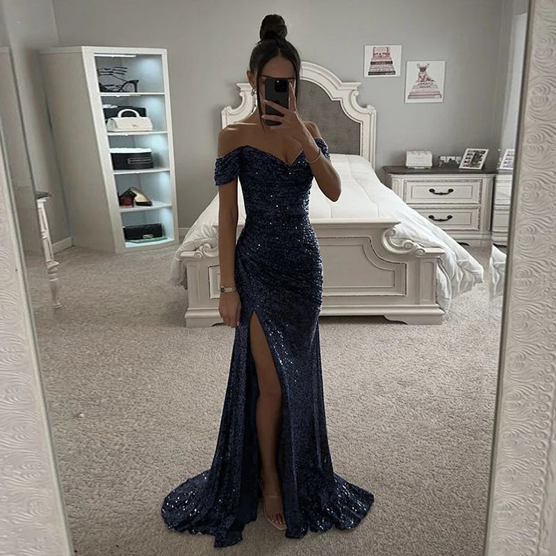 Women Elegant Off-Shoulder Sequin Split Prom Dresses