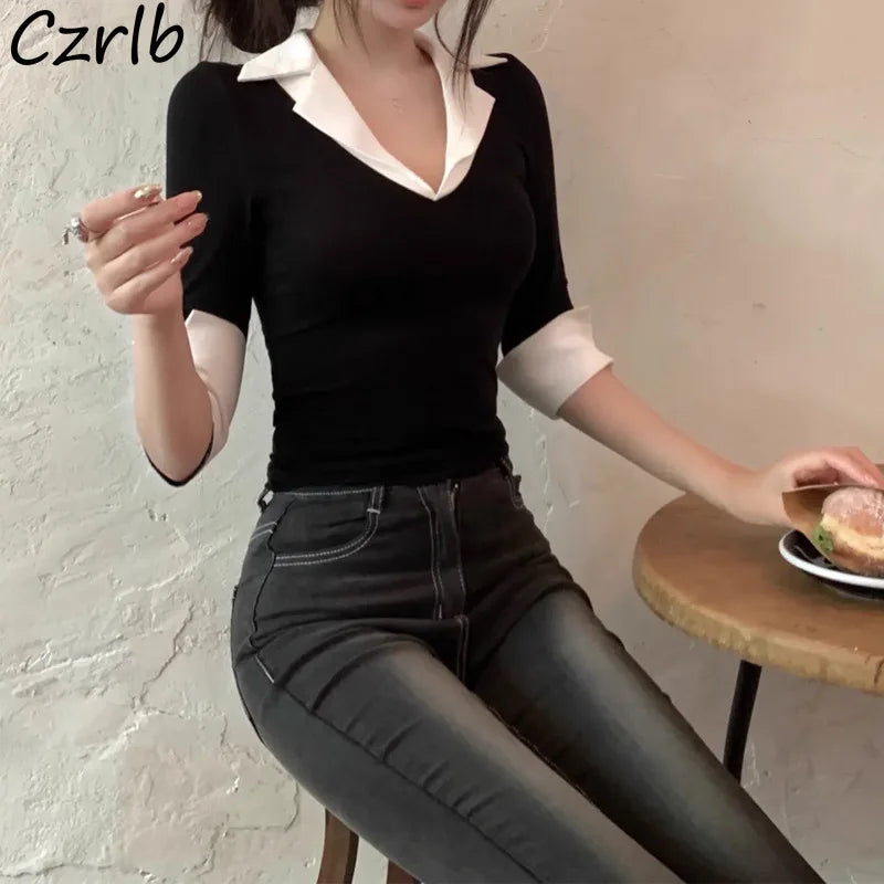 Fake Two Pieces Slim Fit Women Tops