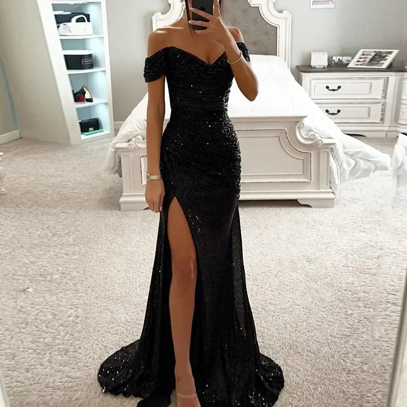 Women Elegant Off-Shoulder Sequin Split Prom Dresses