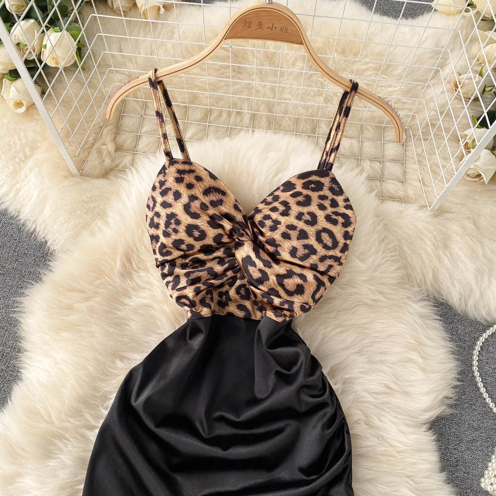 Spaghetti Strap High Waist Leopard Print Party Dress