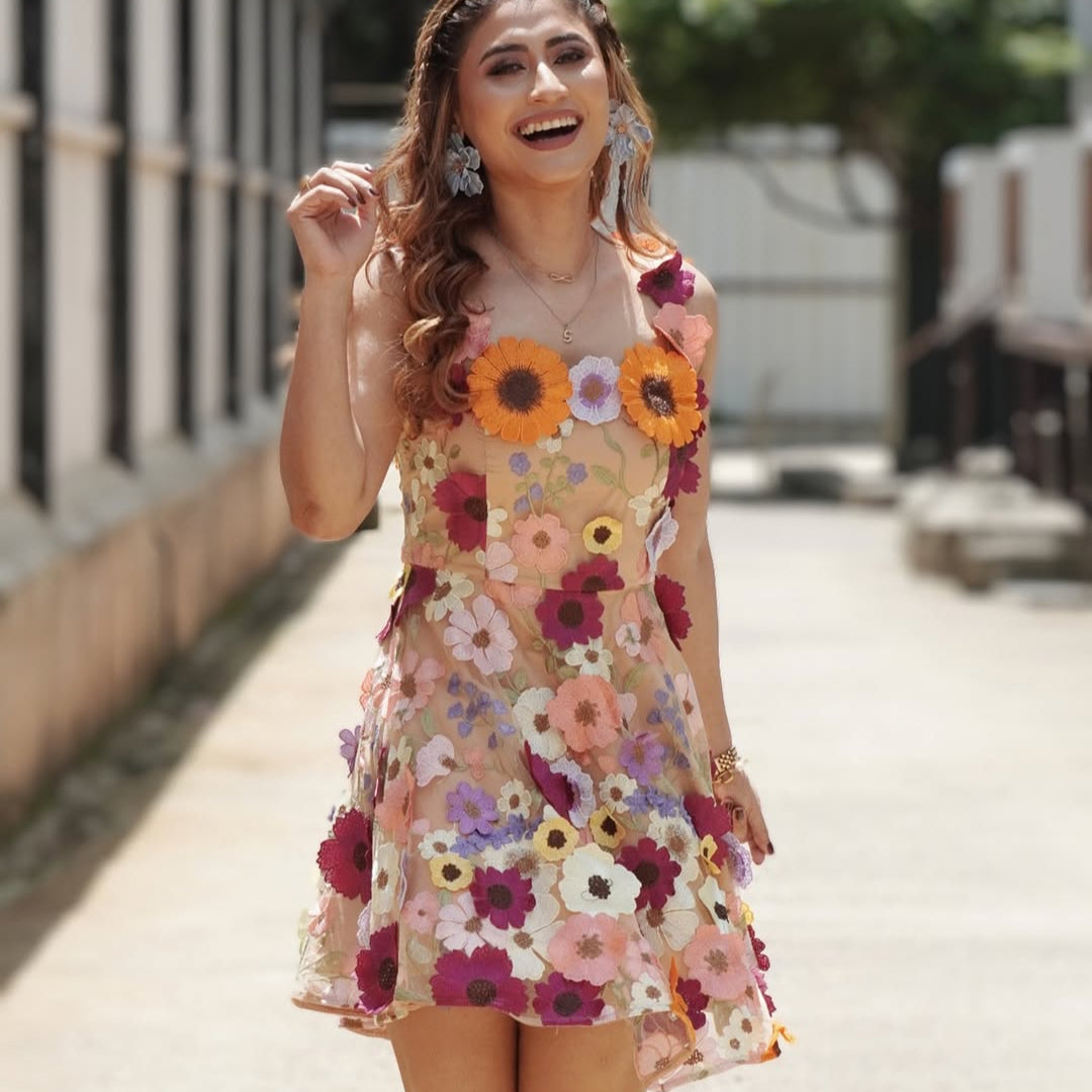 Floral Embroided Elegant 3D Flower Evening Dress