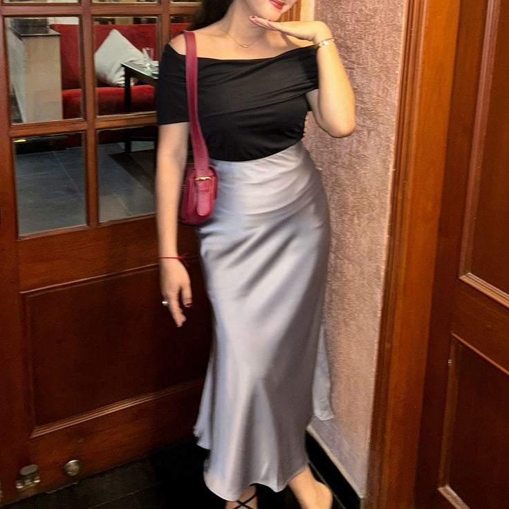 Women's Acetic Satin Flowy Long Skirt